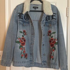 Lea & Viola Blue Jean Jacket with Red Floral Embroidery